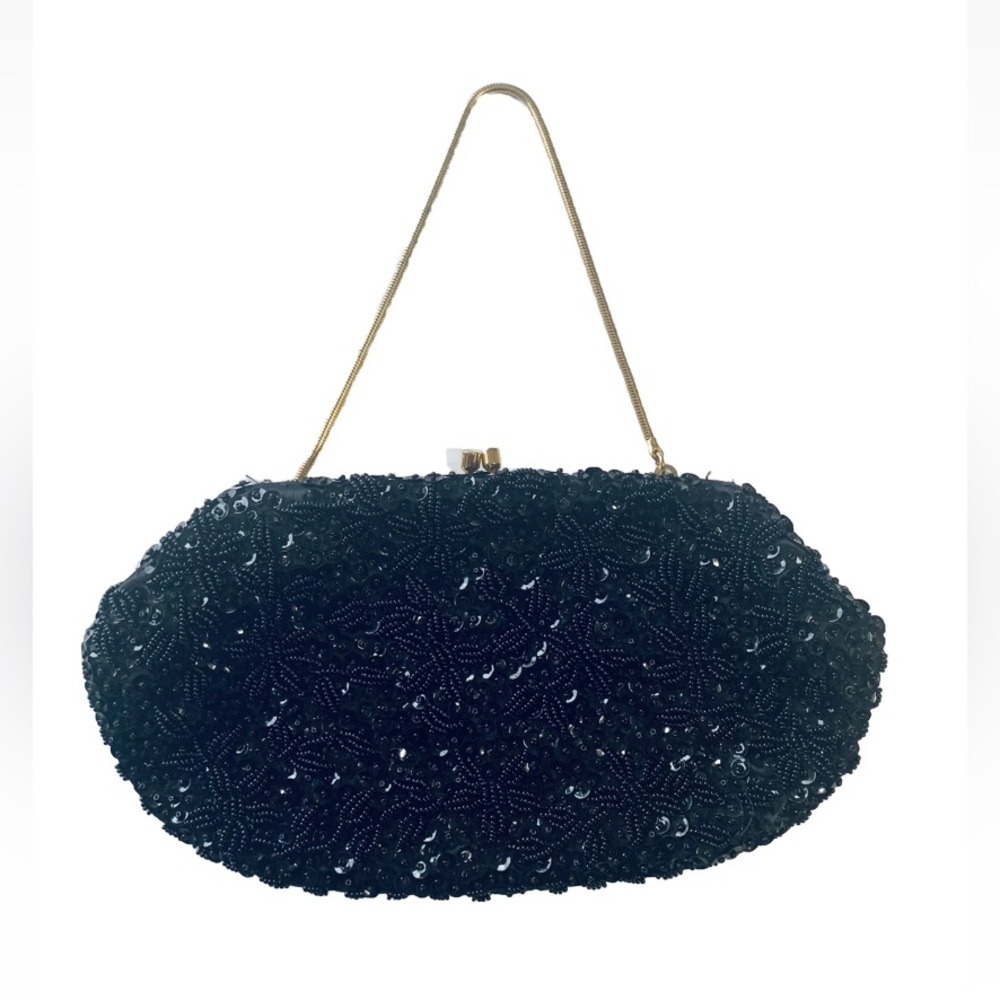 Vintage Elegant Black Beaded Clutch with Gold Tone Kiss Lock Clasp and Chain